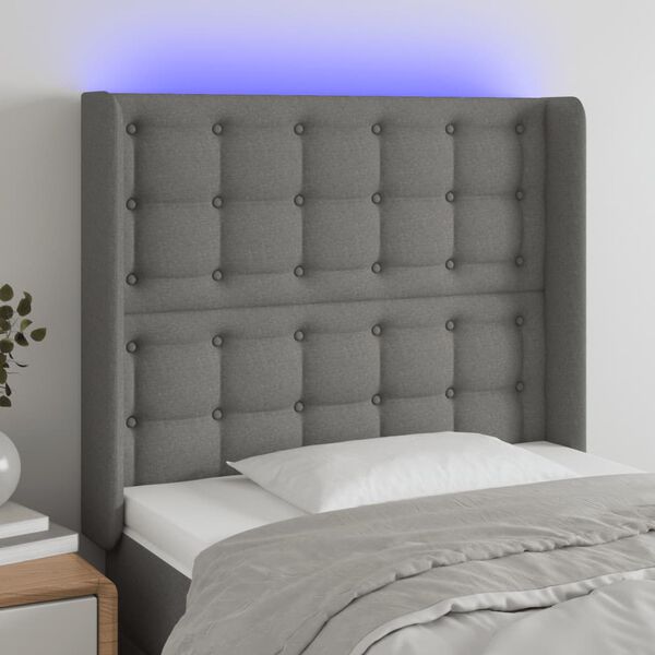 vidaXL Čelo postele s LED tmavě &scaron;ed&eacute; 103 x 16 x 118/128 cm textil