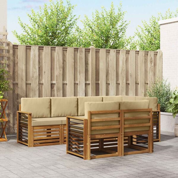 vidaXL Rohov&aacute; sofa sada 7 pcs Přirozen&aacute; a B&eacute;žov&aacute; Masivn&iacute; ak&aacute;tov&eacute; dřevo