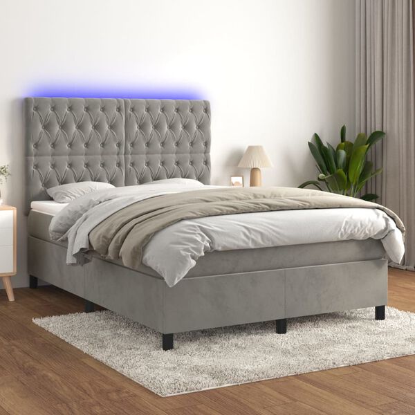 vidaXL Box spring postel s matrac&iacute; a LED světle &scaron;ed&aacute; 140x190 cm samet
