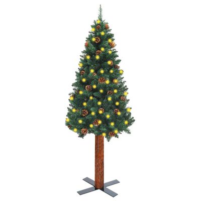 vidaXL Úzký vánoční stromek s LED pravé dřevo a šišky zelený 180 cm