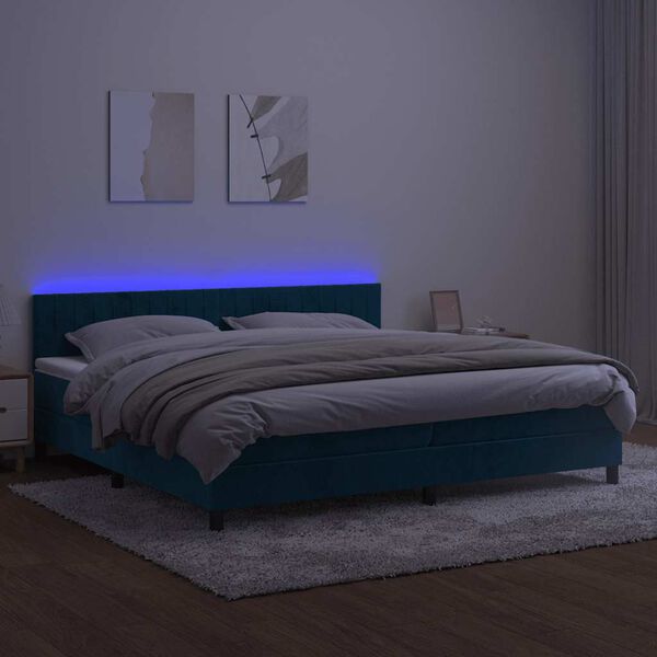vidaXL Box spring postel s matrac&iacute; a LED tmavě modr&aacute; 200x200 cm samet