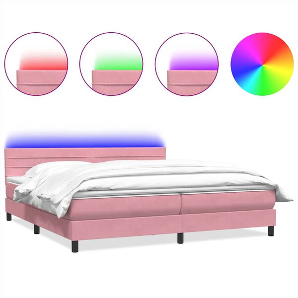 vidaXL Box spring postel s matrac&iacute; a LED růžov&aacute; 180x210 cm samet