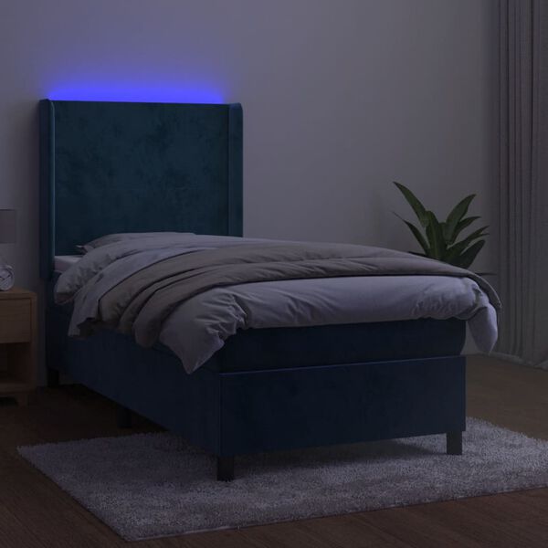 vidaXL Box spring postel s matrac&iacute; a LED tmavě modr&aacute; 90x200 cm samet