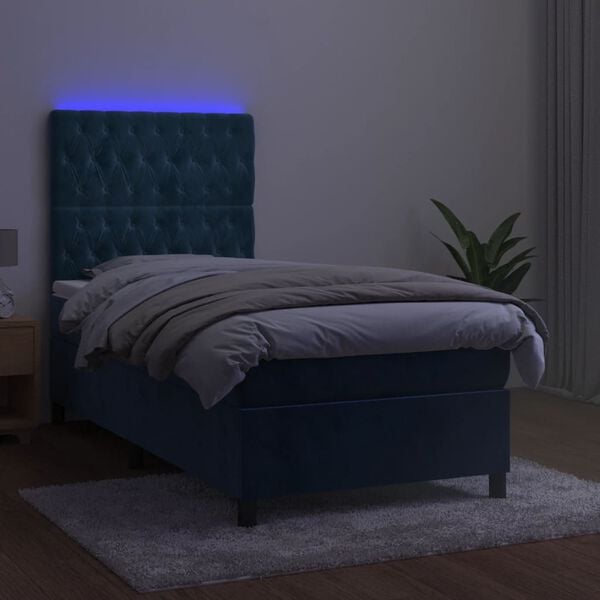 vidaXL Box spring postel s matrac&iacute; a LED tmavě modr&aacute; 90x200 cm samet