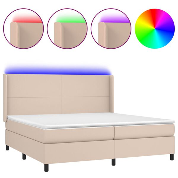 vidaXL Box spring postel matrace a LED cappuccino 200x200cm uměl&aacute; kůže