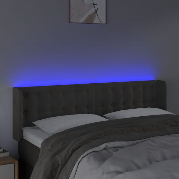 vidaXL Čelo postele s LED tmavě &scaron;ed&eacute; 147 x 16 x 78/88 cm samet