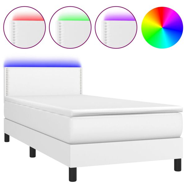 vidaXL Box spring postel s matrac&iacute; a LED b&iacute;l&aacute; 90x190 cm uměl&aacute; kůže