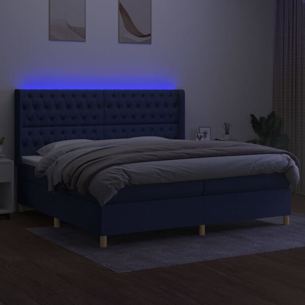 vidaXL Box spring postel s matrac&iacute; a LED modr&aacute; 200x200 cm textil