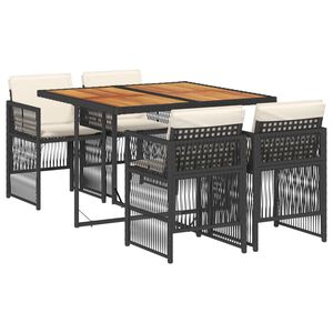 vidaXL 5d&iacute;ln&yacute; zahradn&iacute; j&iacute;deln&iacute; set s podu&scaron;kami čern&yacute; polyratan