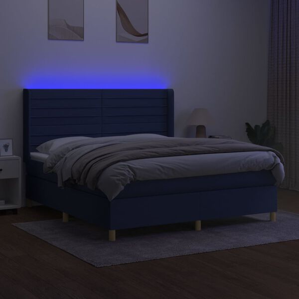 vidaXL Box spring postel s matrac&iacute; a LED modr&aacute; 180x200 cm textil