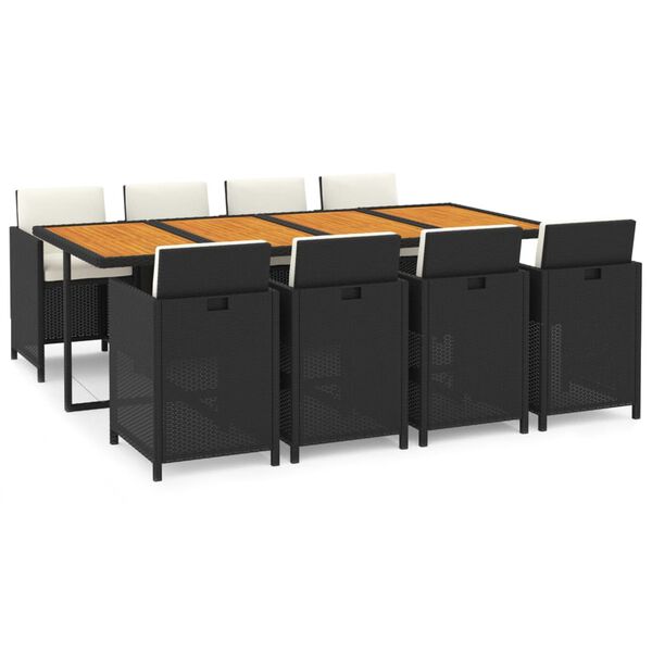 vidaXL 9d&iacute;ln&yacute; zahradn&iacute; j&iacute;deln&iacute; set s podu&scaron;kami polyratan čern&yacute;