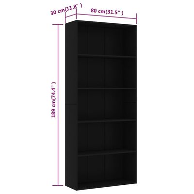 vidaXL 5patrová knihovna černá 80 x 30 x 189 cm dřevotříska