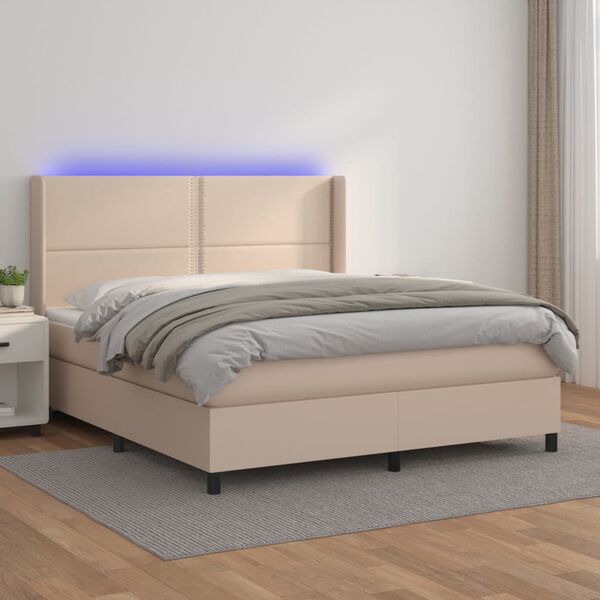 vidaXL Box spring postel matrace a LED cappuccino 180x200cm uměl&aacute; kůže