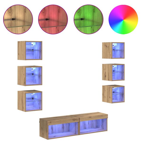 vidaXL Televizn&iacute; skř&iacute;ň s LED p&aacute;sov&yacute;mi světly 8 pcs Artisanov&yacute; dub Sklo