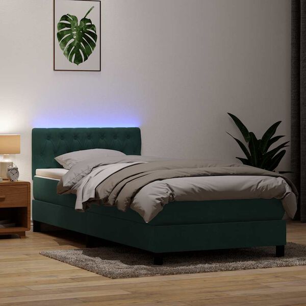 vidaXL Box spring postel s matrac&iacute; a LED tmavě zelen&aacute; 100x220 cm samet