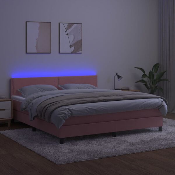 vidaXL Box spring postel s matrac&iacute; a LED růžov&aacute; 180x200 cm samet