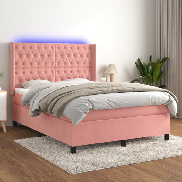 vidaXL Box spring postel s matrac&iacute; a LED růžov&aacute; 140x200 cm samet