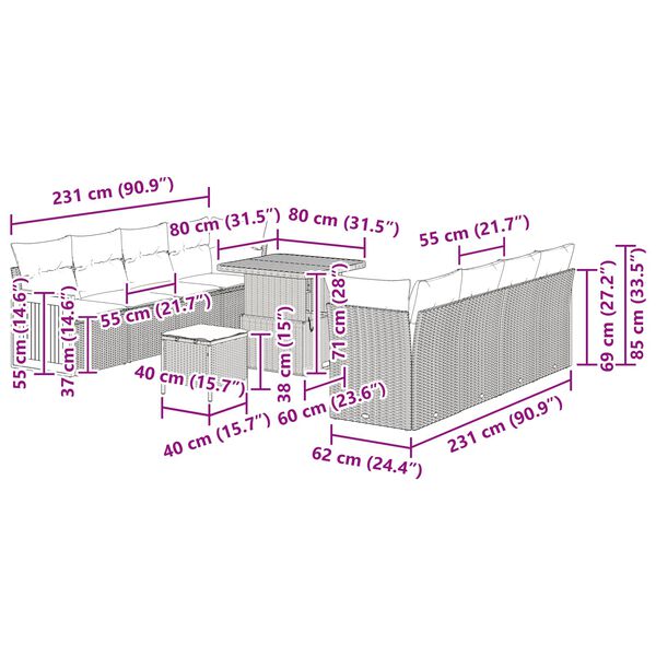vidaXL Sada zahradn&iacute;ch pohovek s pol&scaron;t&aacute;řem 12 pcs Čern&aacute; polyratan
