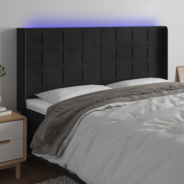 vidaXL Čelo postele s LED čern&eacute; 163 x 16 x 118/128 cm samet
