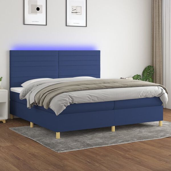 vidaXL Box spring postel s matrac&iacute; a LED modr&aacute; 200x200 cm textil
