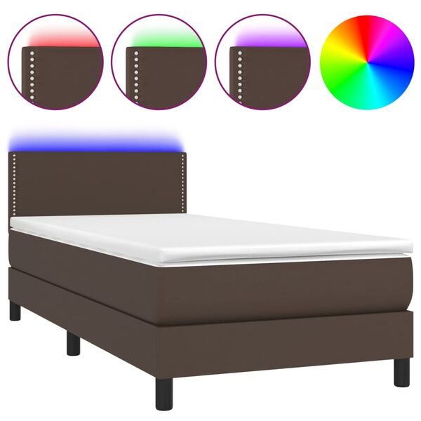 vidaXL Box spring postel s matrac&iacute; a LED hněd&aacute; 90x190 cm uměl&aacute; kůže