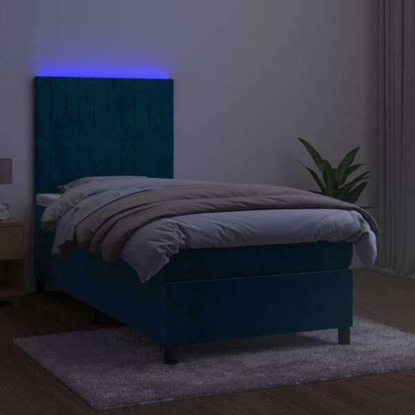 vidaXL Box spring postel s matrac&iacute; a LED tmavě modr&aacute; 90x200 cm samet
