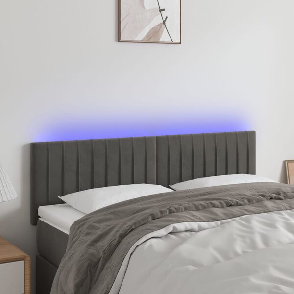 vidaXL Čelo postele s LED tmavě &scaron;ed&eacute; 144x5x78/88 cm samet
