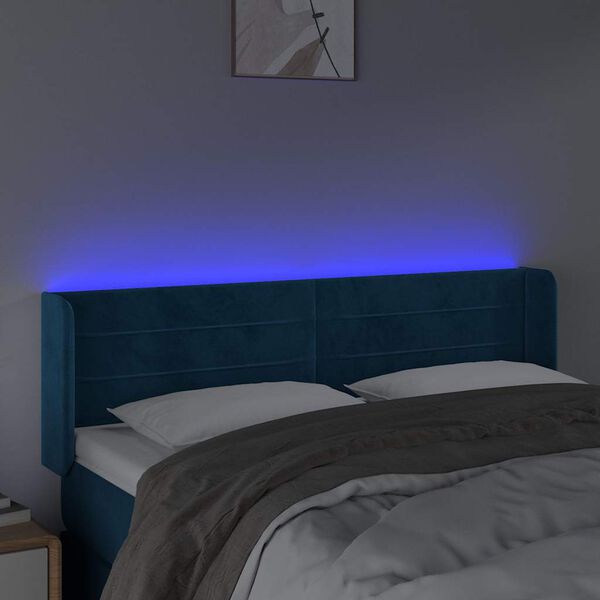 vidaXL Čelo postele s LED tmavě modr&eacute; 147 x 16 x 78/88 cm samet