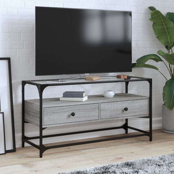 vidaXL TV skř&iacute;ňka se skleněnou deskou &scaron;ed&aacute; sonoma 98x35x51 cm kompozit