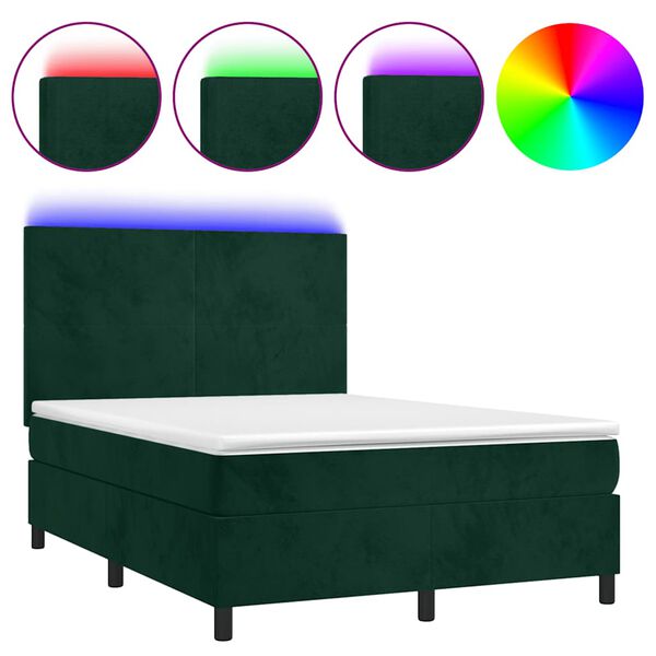 vidaXL Box spring postel s matrac&iacute; a LED tmavě zelen&aacute; 140x200 cm samet