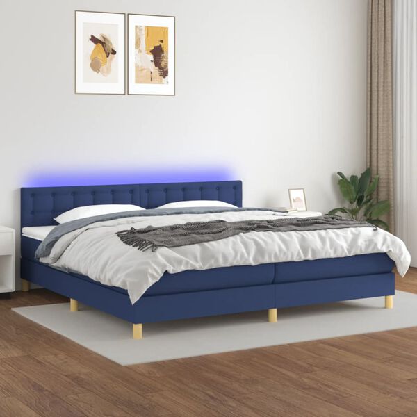vidaXL Box spring postel s matrac&iacute; a LED modr&aacute; 200x200 cm textil