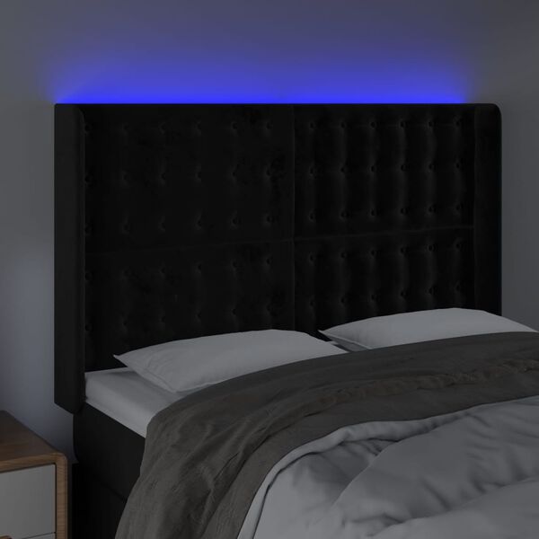 vidaXL Čelo postele s LED čern&eacute; 147 x 16 x 118/128 cm samet