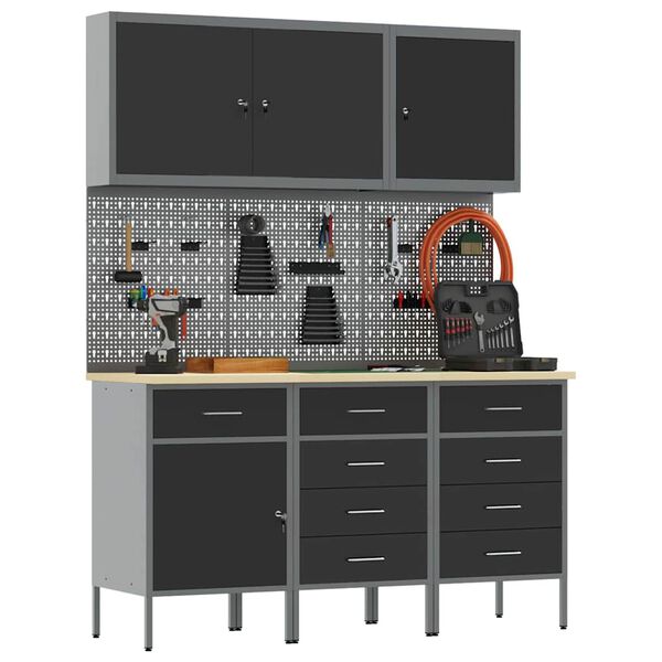 vidaXL Pracovn&iacute; stůl se z&aacute;suvkou 8 pcs Čern&aacute; 150 x 55 x 200 cm Ocel