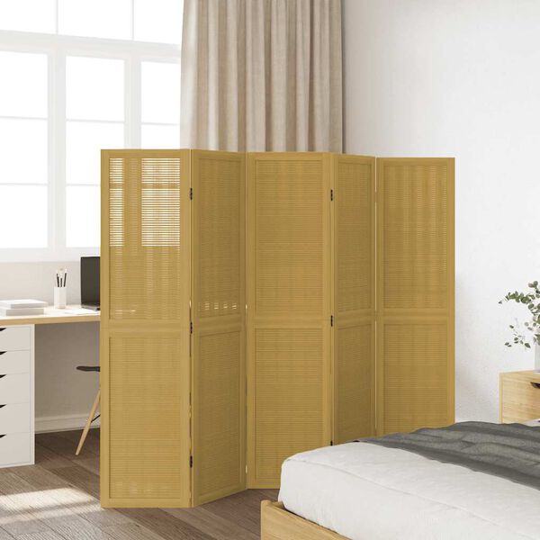 vidaXL Parav&aacute;n 5d&iacute;ln&yacute; hněd&yacute; masivn&iacute; dřevo pavlovnie