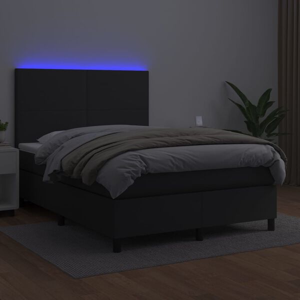 vidaXL Box spring postel s matrac&iacute; a LED čern&aacute; 140 x 190 cm uměl&aacute; kůže