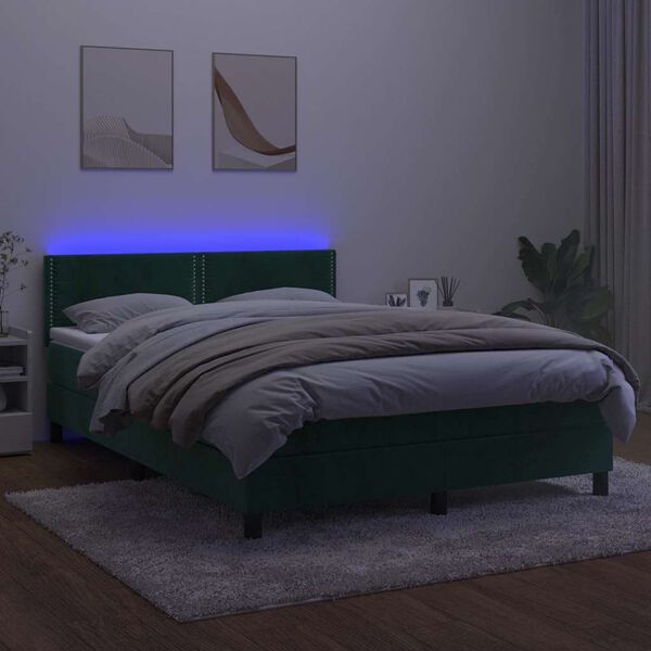 vidaXL Box spring postel s matrac&iacute; a LED tmavě zelen&aacute; 140x200 cm samet