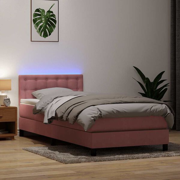 vidaXL Box spring postel s matrac&iacute; a LED růžov&yacute; 90x220 cm samet