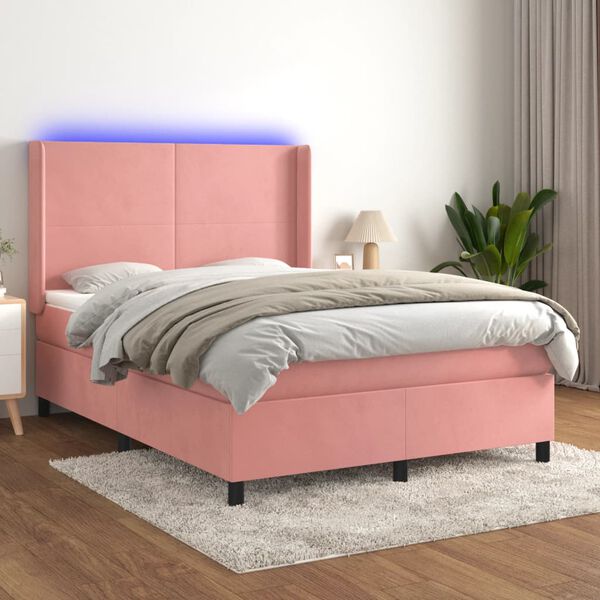 vidaXL Box spring postel s matrac&iacute; a LED růžov&aacute; 140x190 cm samet