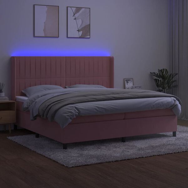 vidaXL Box spring postel s matrac&iacute; a LED růžov&aacute; 200x200 cm samet