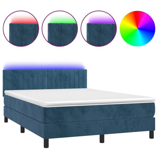 vidaXL Box spring postel s matrac&iacute; a LED tmavě modr&aacute; 140x190 cm samet