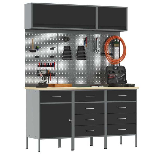 vidaXL Sada pracovn&iacute; skř&iacute;ně se z&aacute;suvkou s &uacute;loži&scaron;těm 8 pcs Čern&aacute;