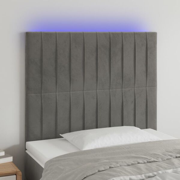 vidaXL Čelo postele s LED světle šedé 100x5x118/128 cm samet