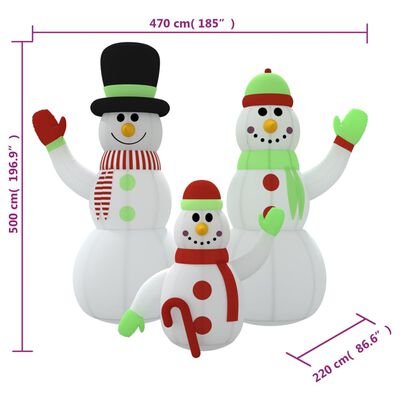 vidaXL Nafukovací rodinka sněhuláků s LED diodami 500 cm
