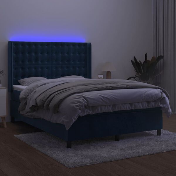 vidaXL Box spring postel s matrac&iacute; a LED tmavě modr&aacute; 140x200 cm samet