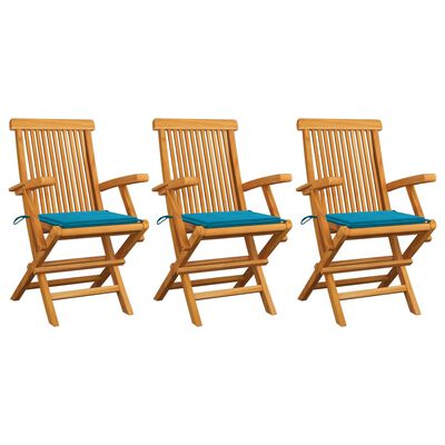 vidaXL Zahradní židle s modrými poduškami 3 ks masivní teak