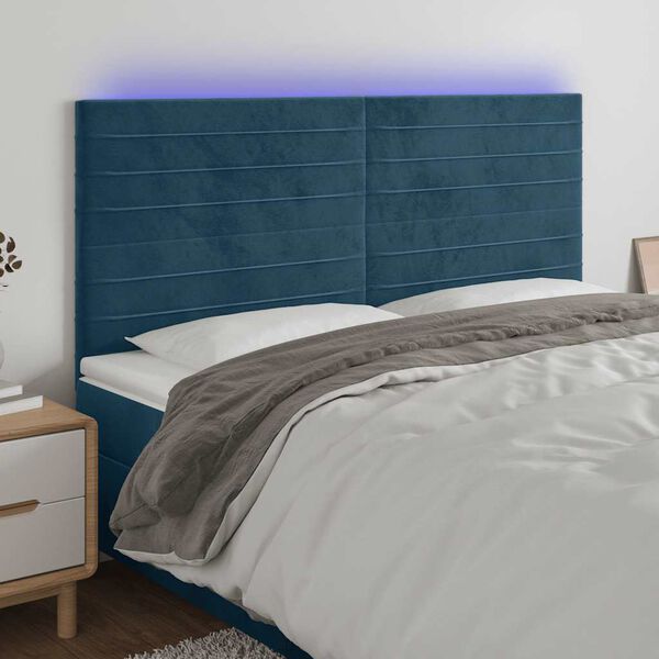 vidaXL Čelo postele s LED tmavě modr&eacute; 180x5x118/128 cm samet