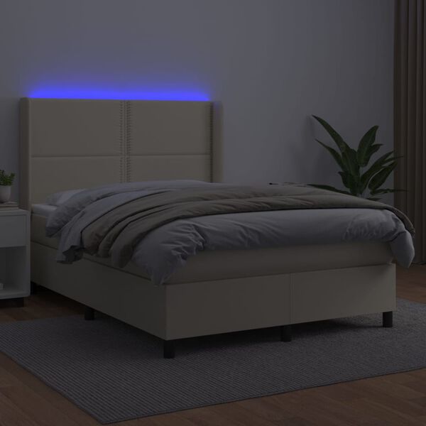 vidaXL Box spring postel s matrací a LED krémová 140x190 cm umělá kůže