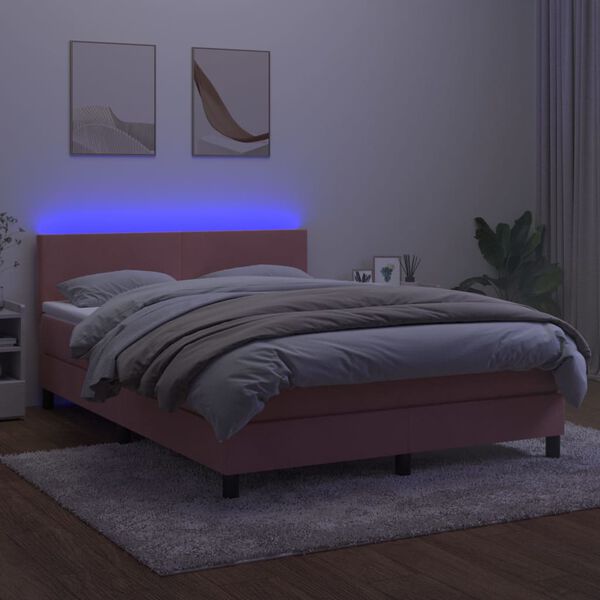 vidaXL Box spring postel s matrac&iacute; a LED růžov&aacute; 140x200 cm samet