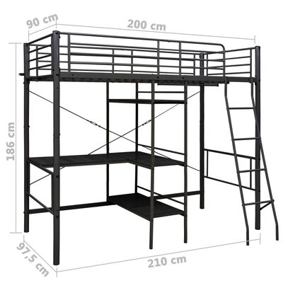 vidaXL Rám poschoďové postele se stolem černý kov 90 x 200 cm