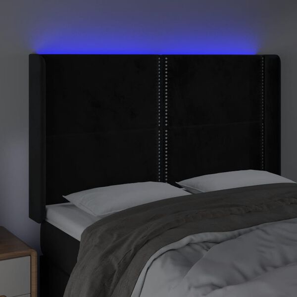 vidaXL Čelo postele s LED čern&eacute; 147 x 16 x 118/128 cm samet